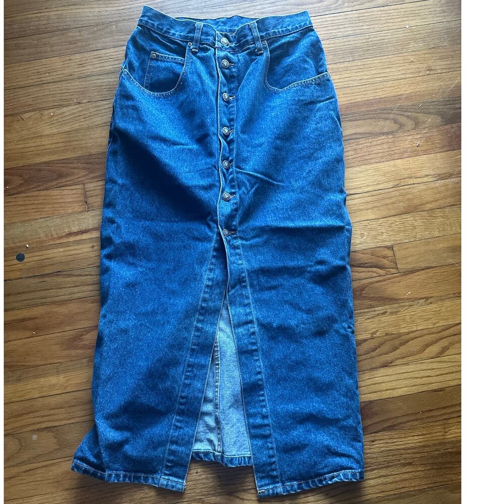 Manisha Vintage Blue Denim Midi/Maxi Skirt Button Front Slit Size 13